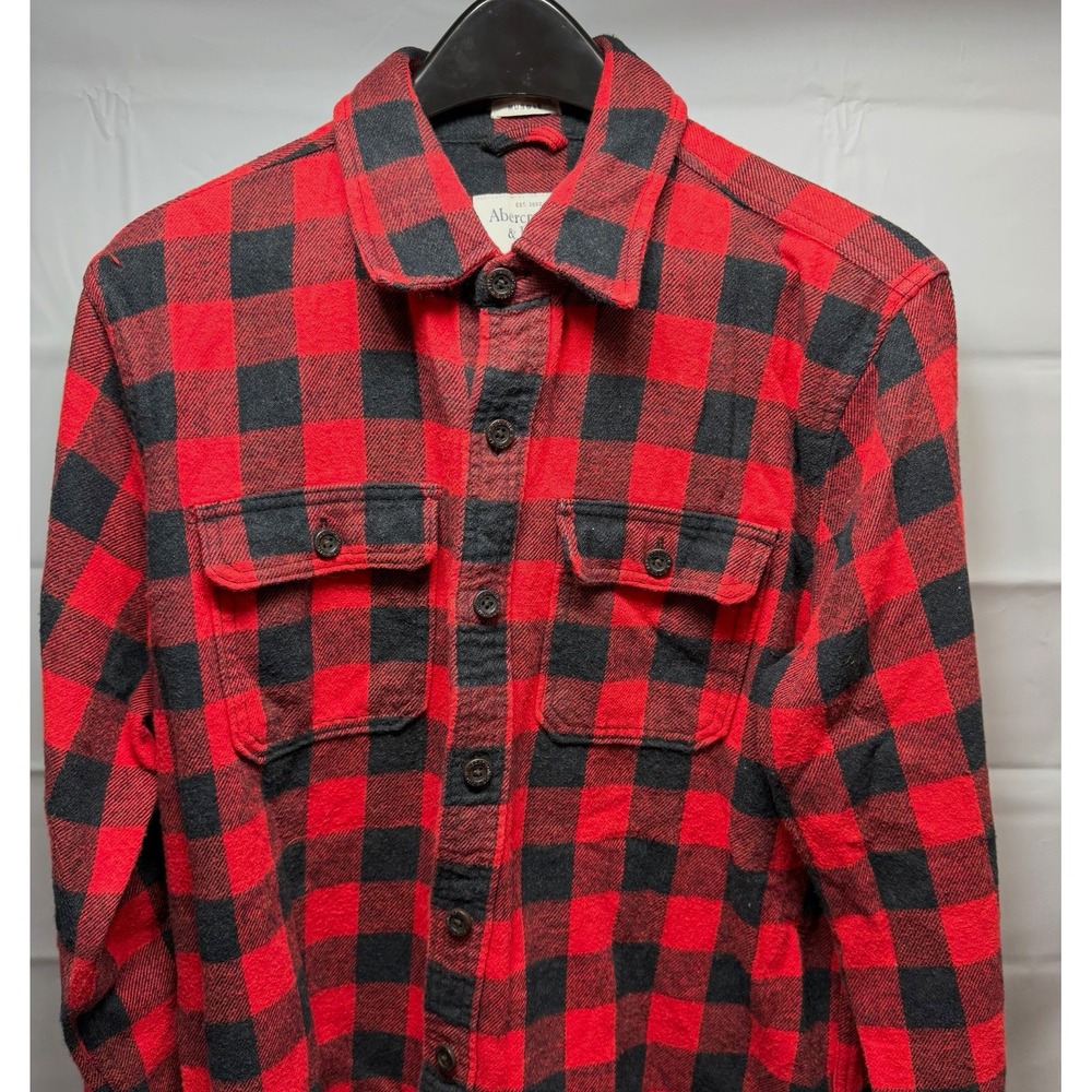 Abercrombie Fitch Flannel Shirt Mens Large L Muscle Fit Red Black Buffalo Plaid